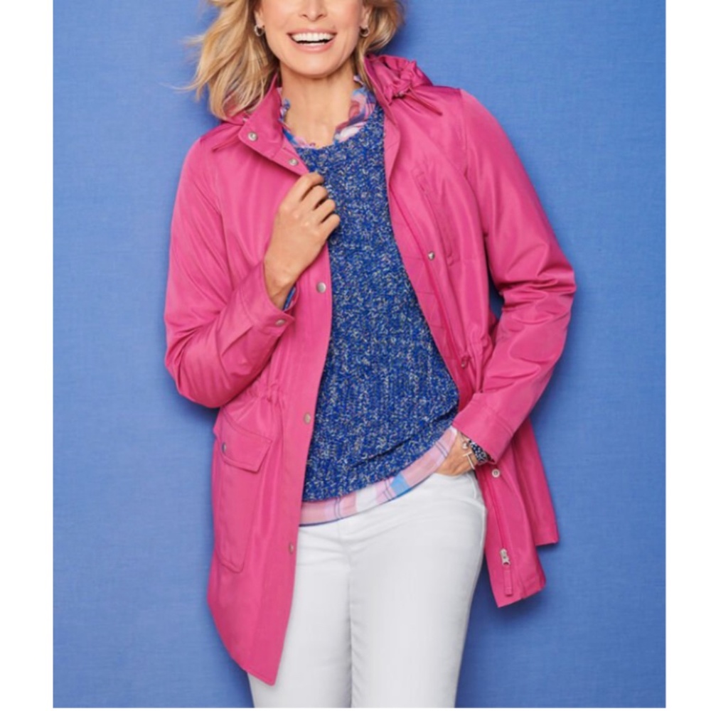 NWT Pink Rain Jacket S Coated Canvas Anorak Hood Talbots 31" Zip Front Pockets